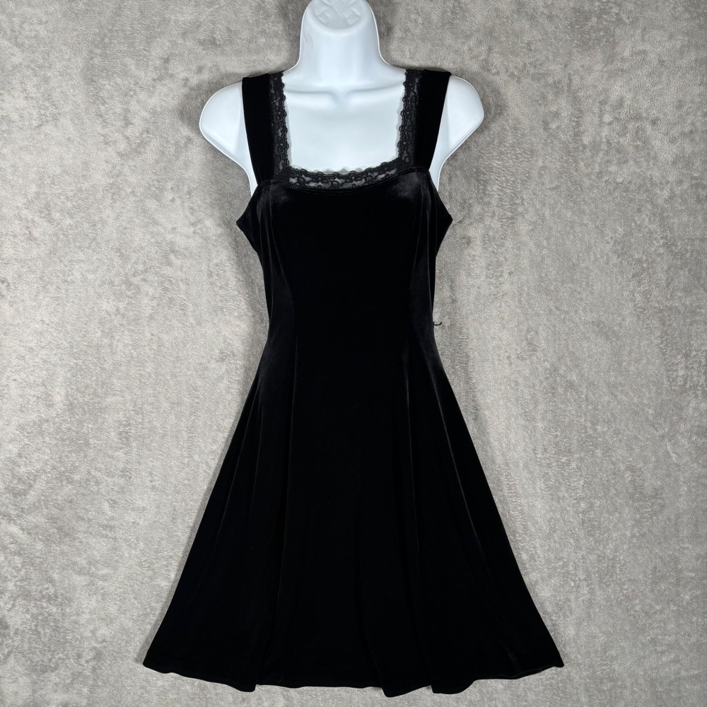 Betsey Johnson Vintage Black Velvet Lace Fit & Flare Dress Square Neck S Witchy